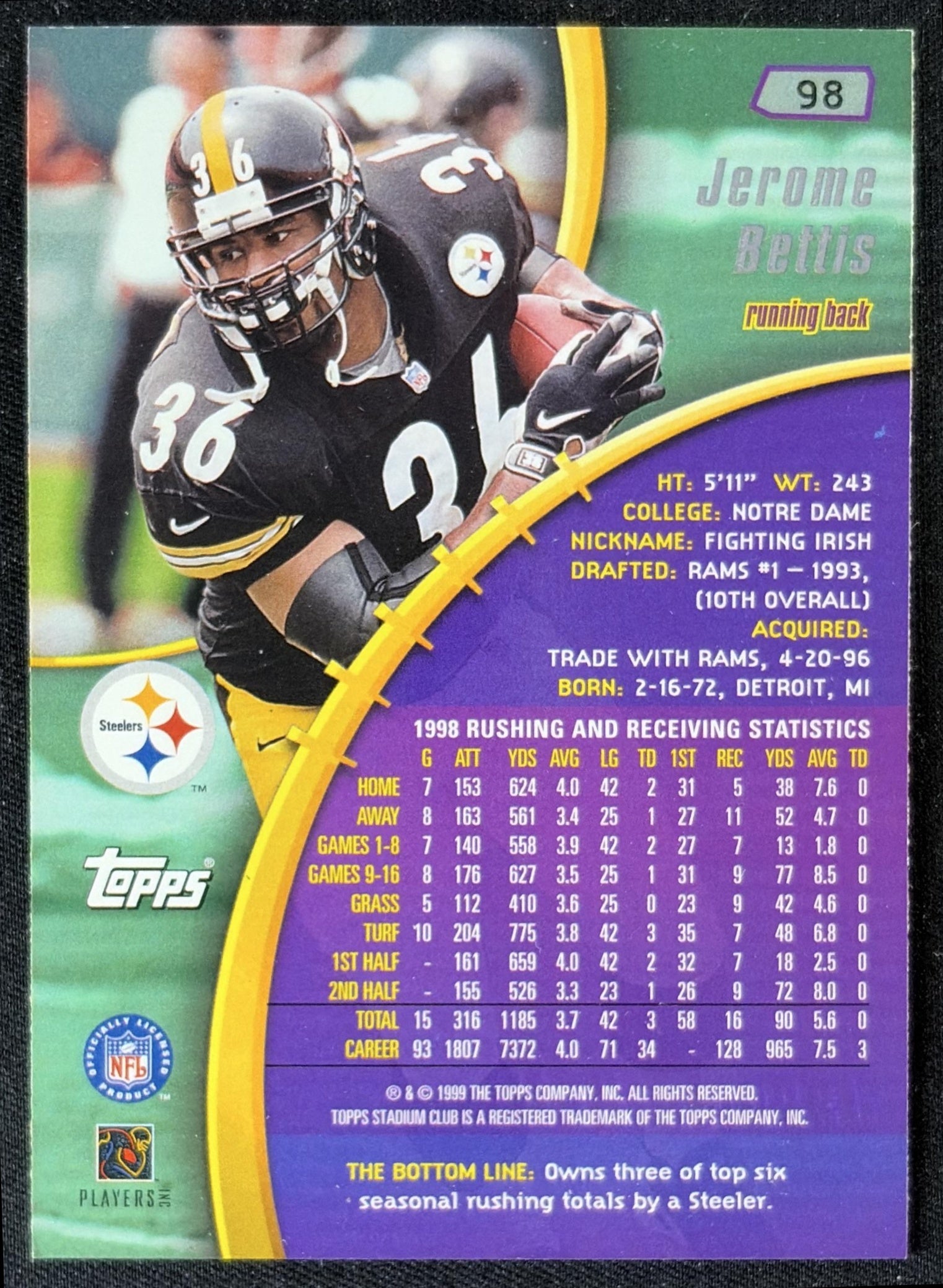 Jerome Bettis 1999 Topps Stadium Club Steelers back