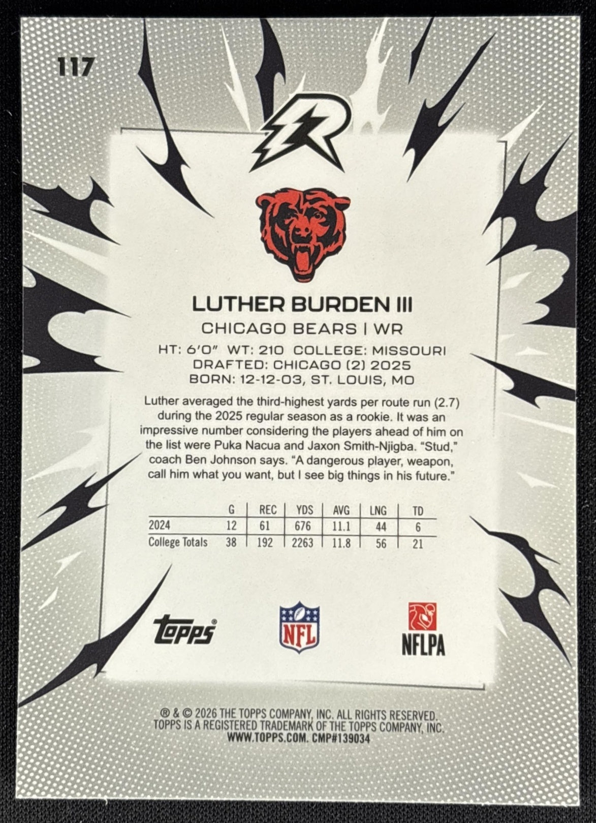 Luther Burden III 2025 Topps Resurgence Bears back