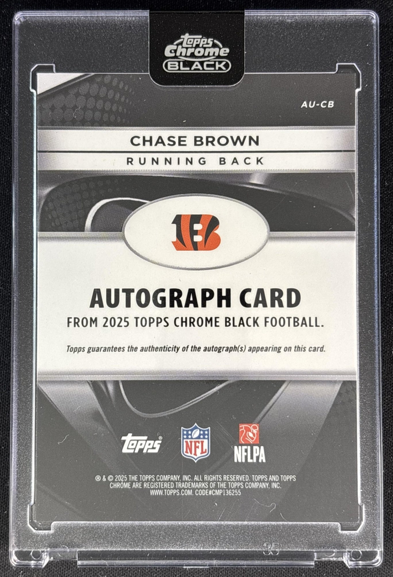 Chase Brown 2025 Topps Chrome Black Auto Blue Refractor /150 Bengals Back
