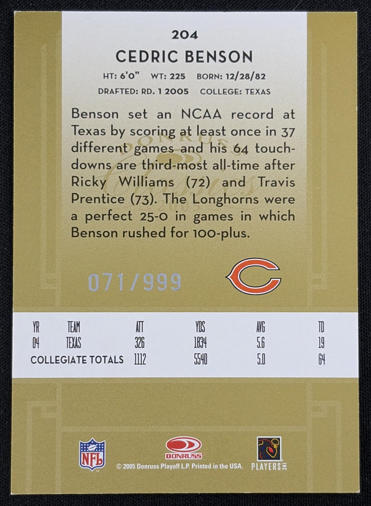 Cedric Benson 2005 Donruss Classics /999 Bears - back