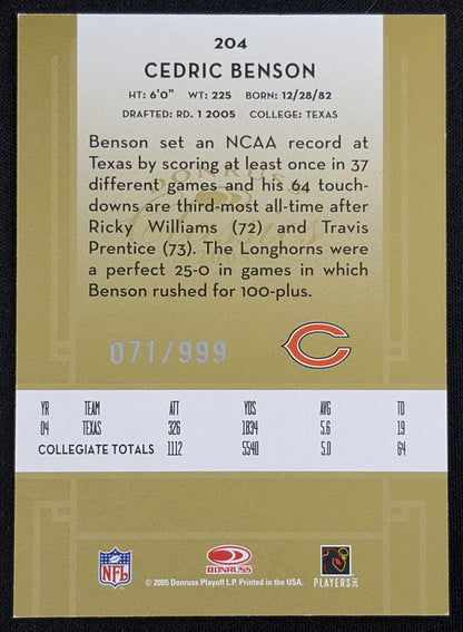 Cedric Benson 2005 Donruss Classics /999 Bears - back