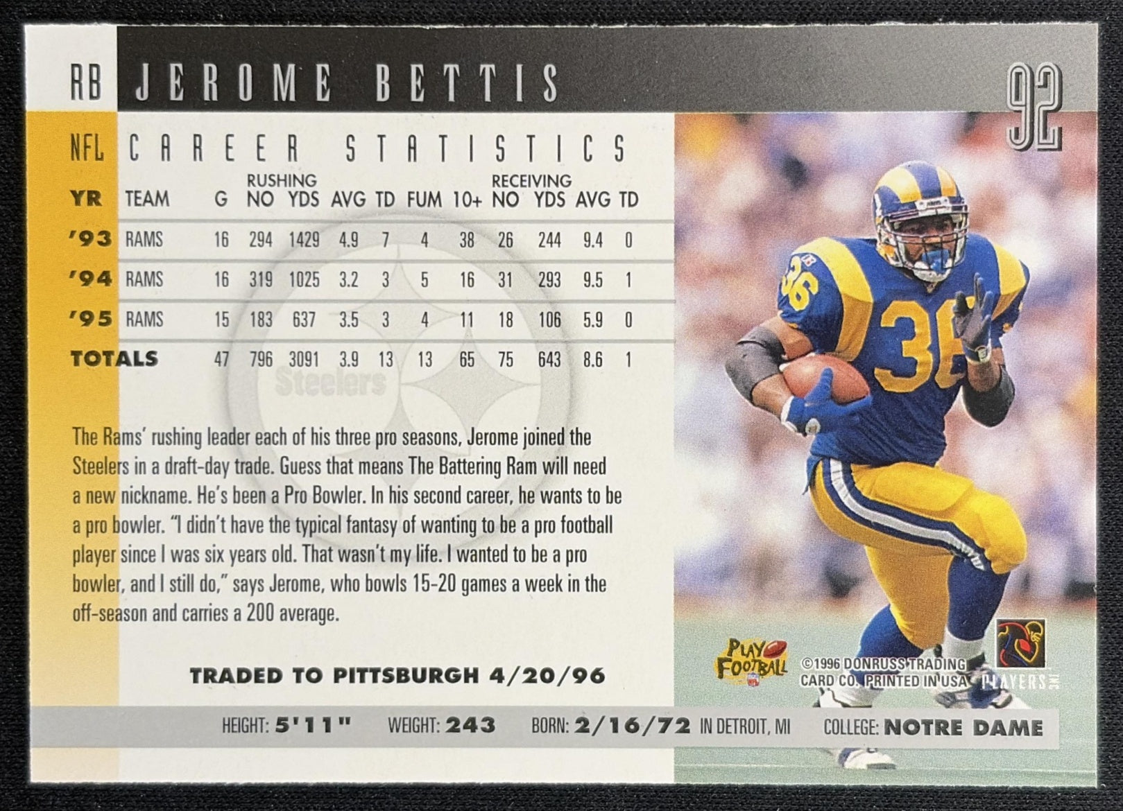 Jerome Bettis 1996 Donruss Steelers Back