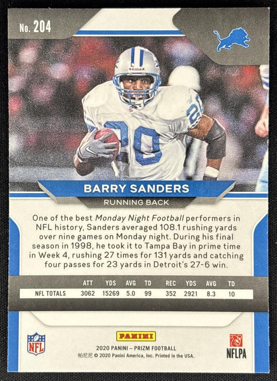 Barry Sanders 2020 Panini Prizm Lions - Back