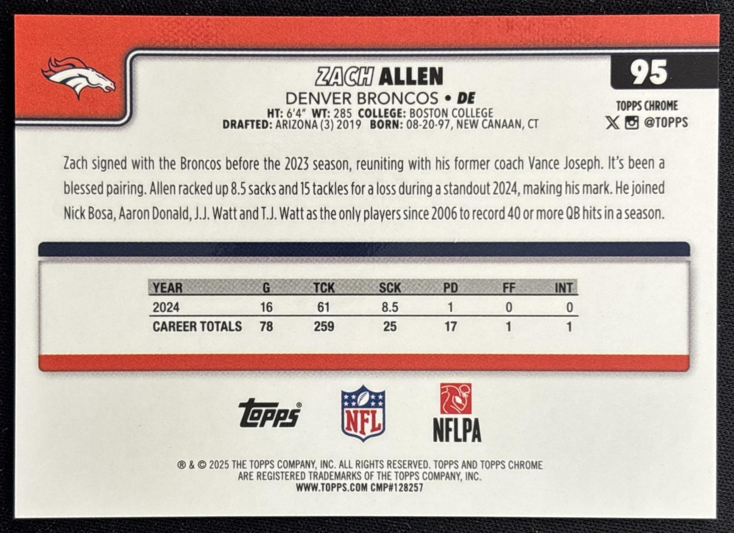 Zach Allen 2025 Topps Chrome Yellow Wave Refractor /275 Broncos back