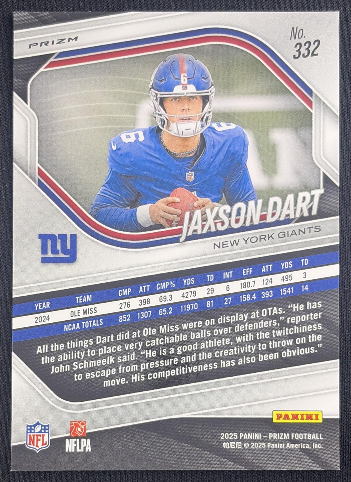 Jaxson Dart 2025 Panini Prizm Red White & Blue Giants Sports Trading Card