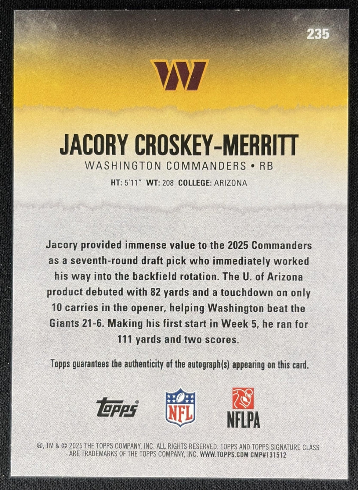 Jacory Croskey-Merritt 2025 Signature Class Rookie Auto Teal Foil /225 Commanders