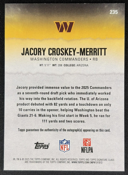 Jacory Croskey-Merritt 2025 Signature Class Rookie Auto Teal Foil /225 Commanders