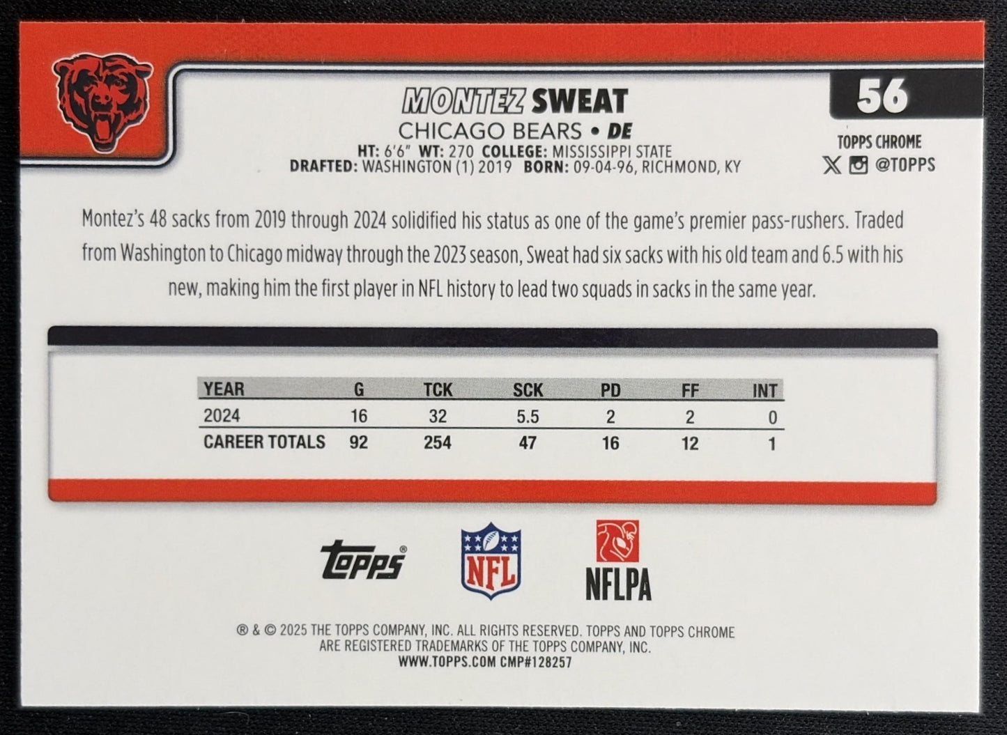 Montez Sweat 2025 Topps Chrome Neon Pulse Refractor Bears Sports Trading Cards