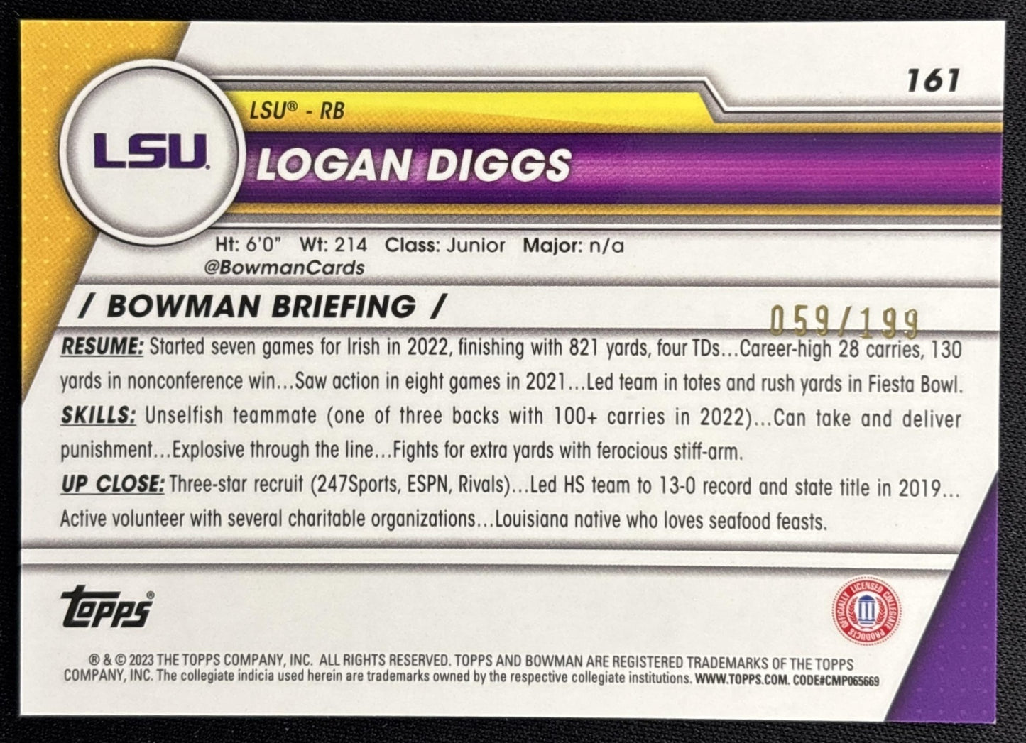 Logan Diggs 2023 Bowman University Chrome Blue Refractor /199 Tigers back