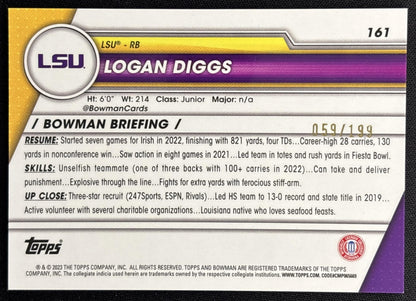 Logan Diggs 2023 Bowman University Chrome Blue Refractor /199 Tigers back