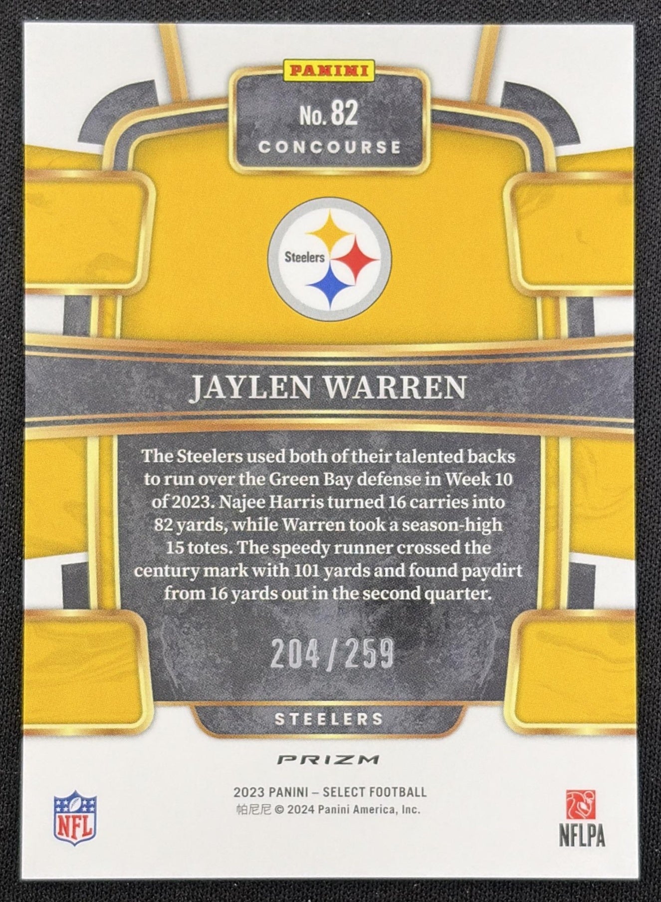 Jaylen Warren 2023 Panini Select Tri Color Prizms /259 Steelers
