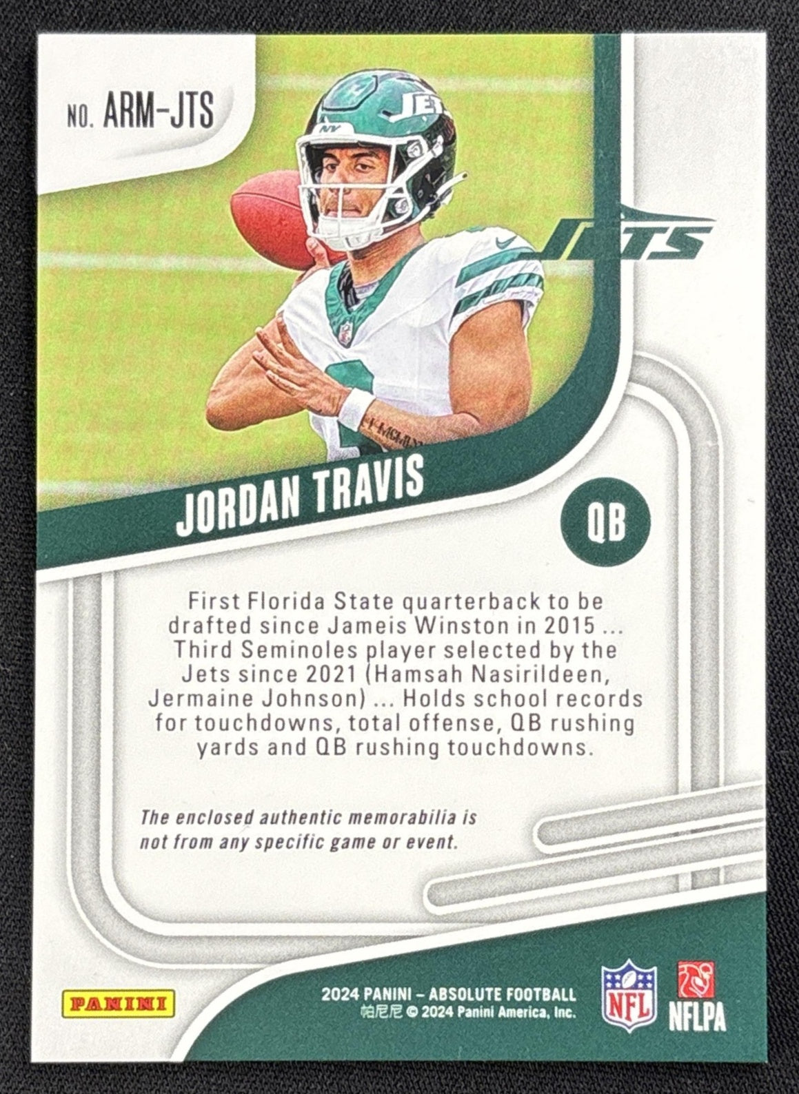 Jordan Travis 2024 Panini Absolute Rookie Materials Jets
