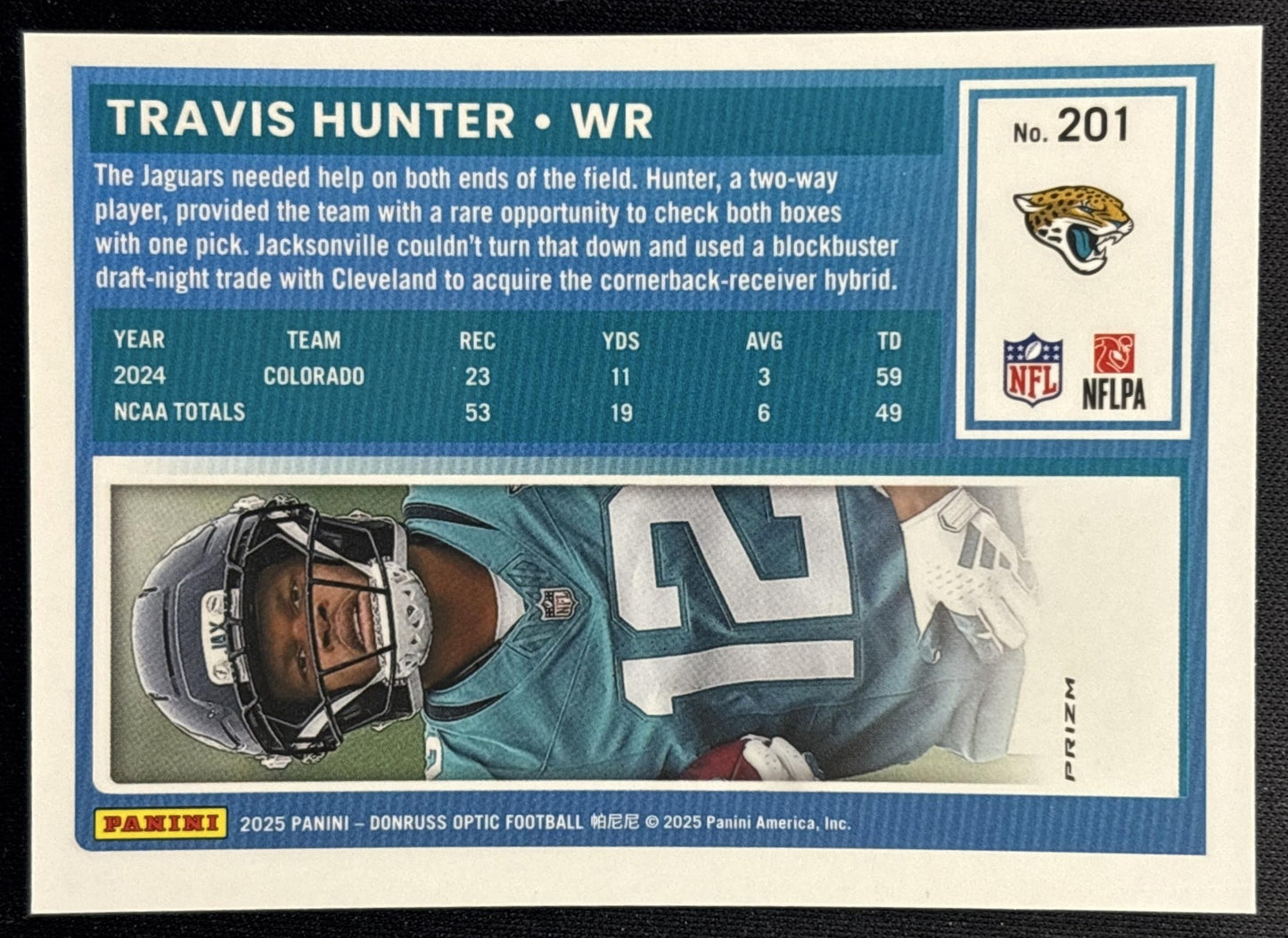 Travis Hunter 2025 Donruss Optic Rated Rookie Green Velocity Prizm Jaguars back