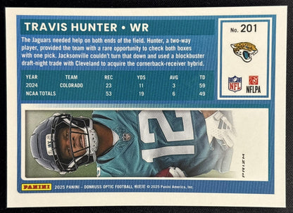 Travis Hunter 2025 Donruss Optic Rated Rookie Green Velocity Prizm Jaguars back