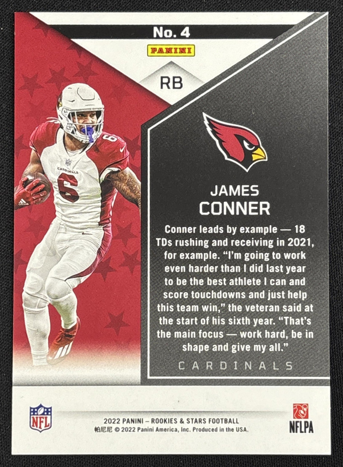 James Conner 2022 Panini Rookies & Stars True Blue /49 Cardinals - Back