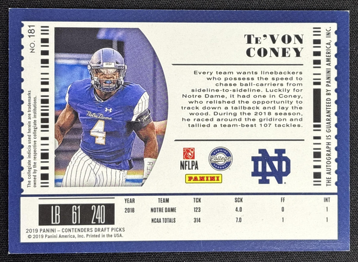 Te Von Coney 2019 Panini Contenders Draft Picks Collegiate Fighting Irish Notre Dame Fighting Irish