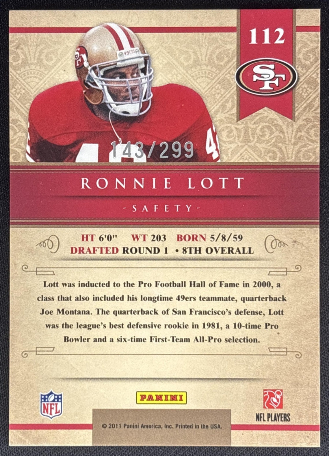 Ronnie Lott 2011 Panini Gold Standard /299 49ers Sports Trading Cards