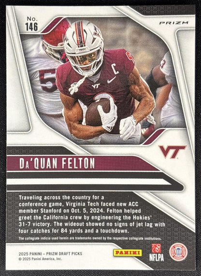 Da'Quan Felton 2025 Panini Prizm Draft Picks Red Ice Hokies Giants Sports Trading Cards