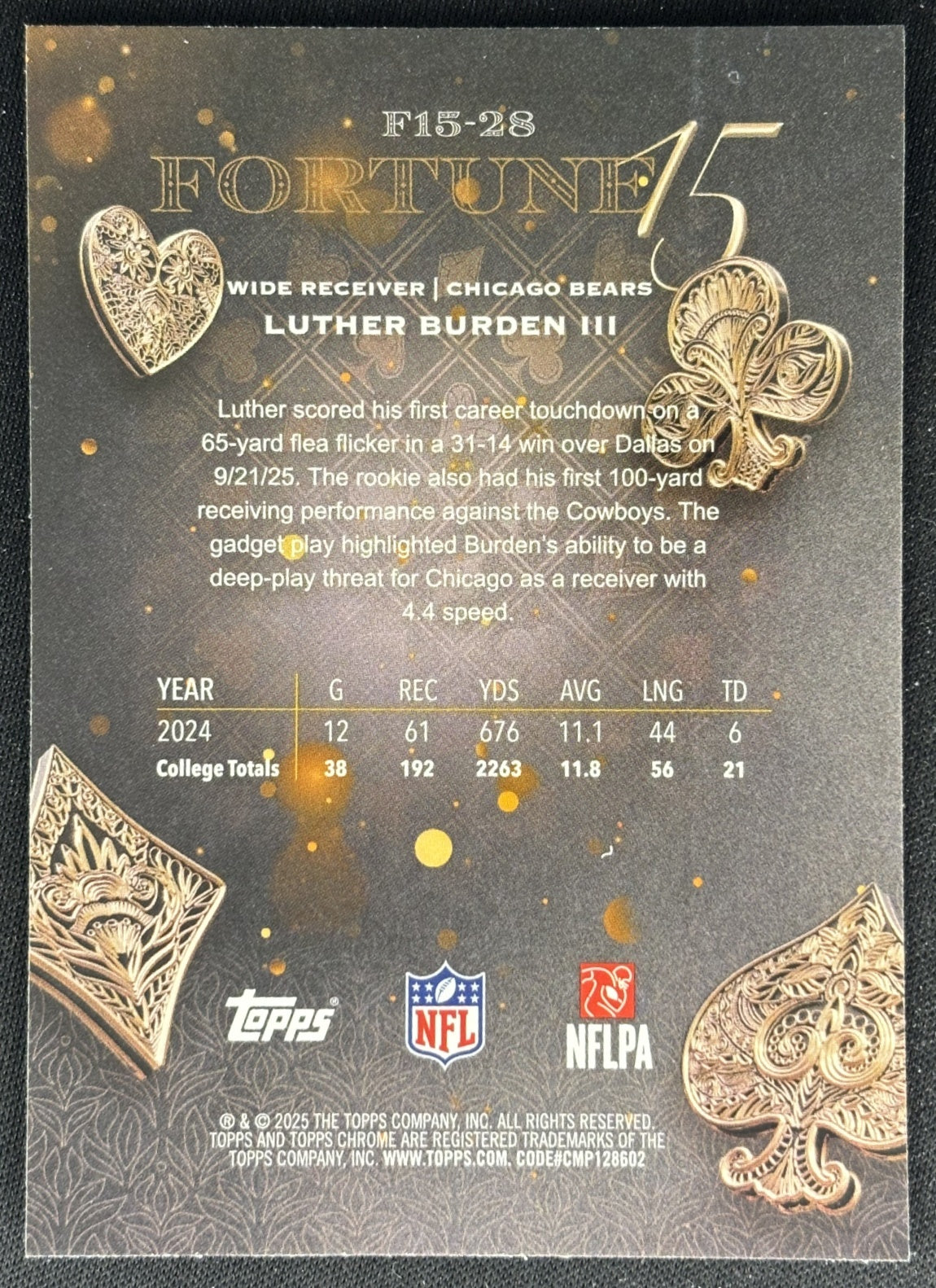 Luther Burden III 2025 Topps Chrome Fortune 15 Bears Sports Trading Cards