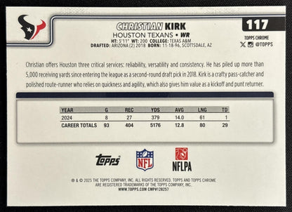 Christian Kirk 2025 Topps Chrome Pink Wave Refractor /250 Texans Sports Trading Card