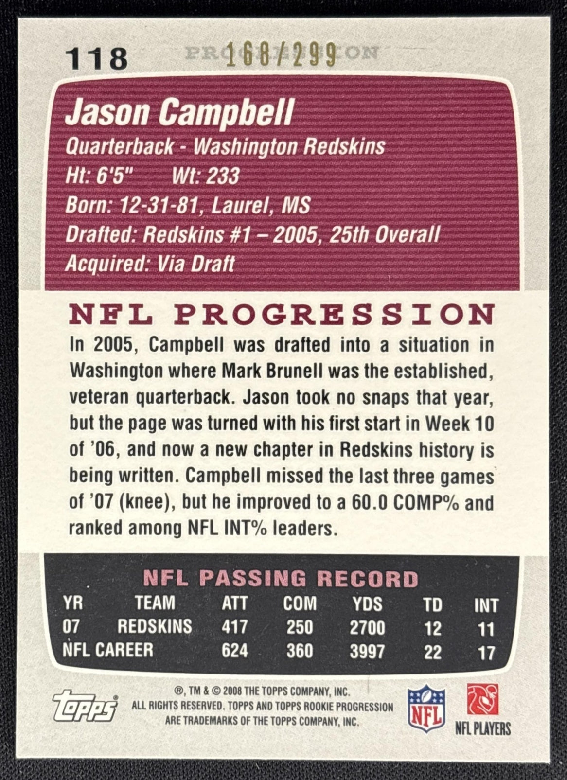 Jason Campbell 2008 Topps Rookie Progression Silver /299 Redskins back