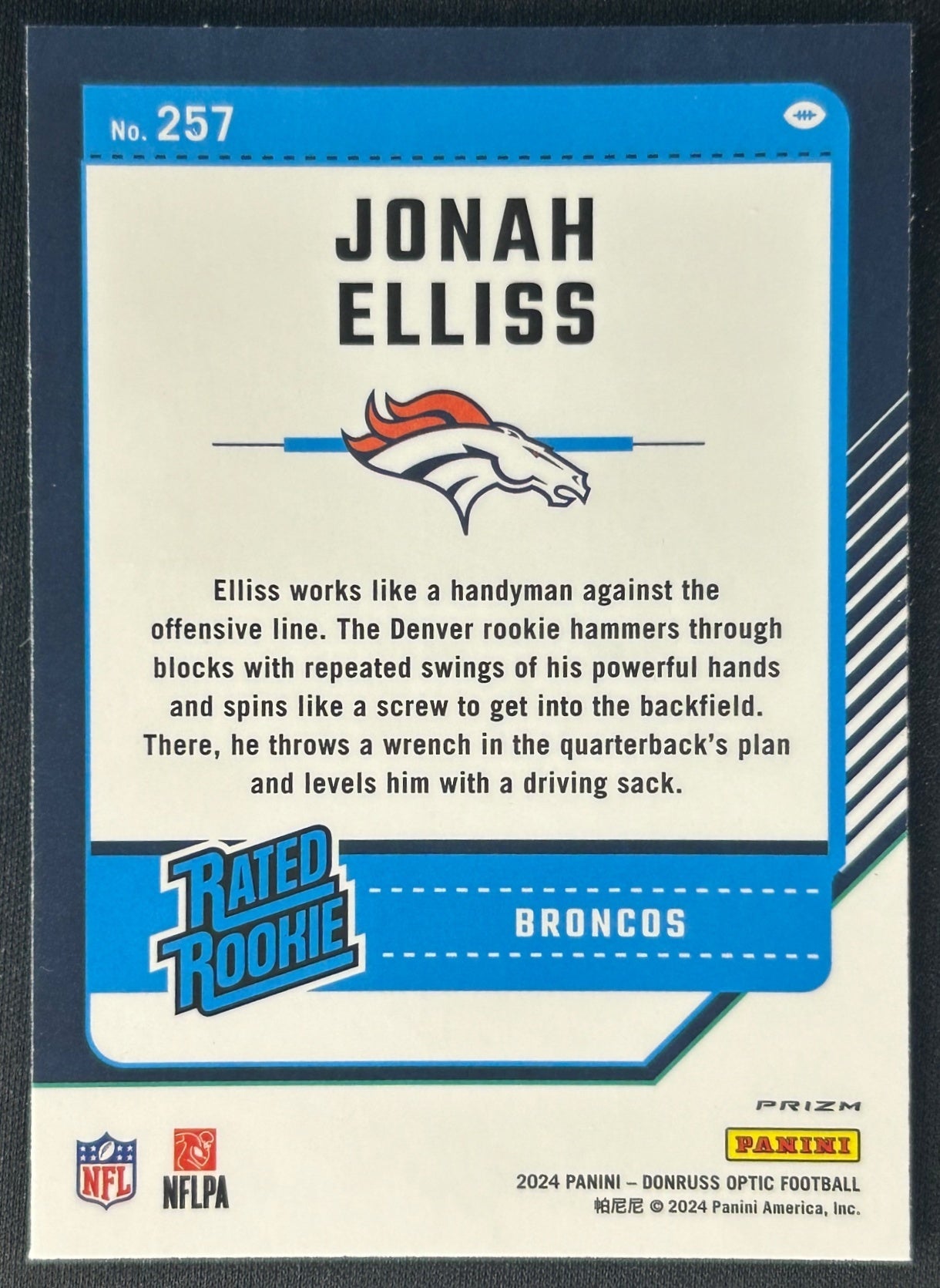 Jonah Elliss 2024 Donruss Optic Holo Broncos sports trading card back