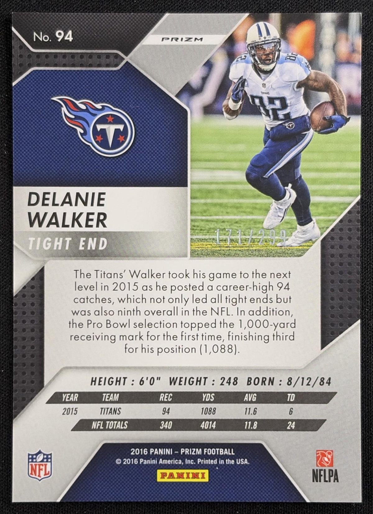 Delanie Walker 2016 Panini Prizm Orange /299 Titans Sports Trading Card