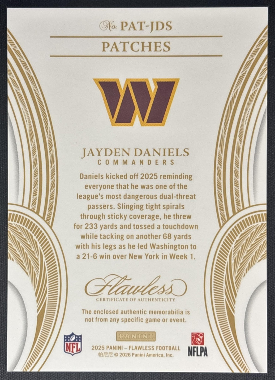 Jayden Daniels 2025 Panini Flawless Patches Ruby /15 Commanders Sports Trading Cards