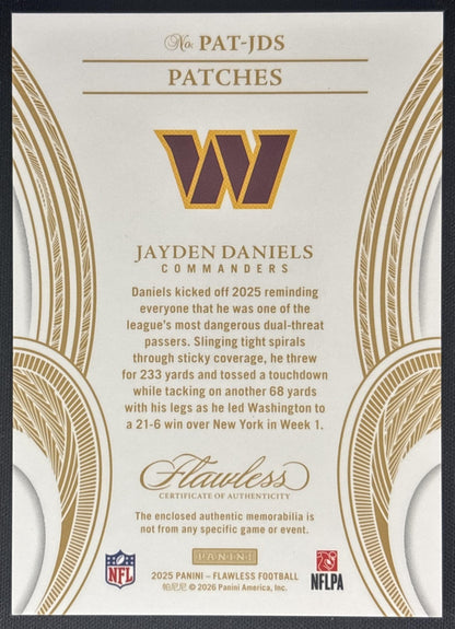 Jayden Daniels 2025 Panini Flawless Patches Ruby /15 Commanders Sports Trading Cards