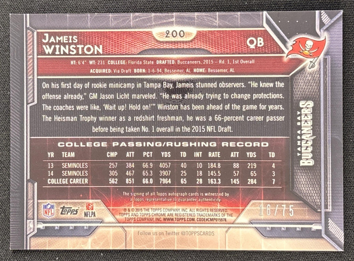 Jameis Winston 2015 Topps Chrome Rookie Auto Pink Refractor /75 Buccaneers