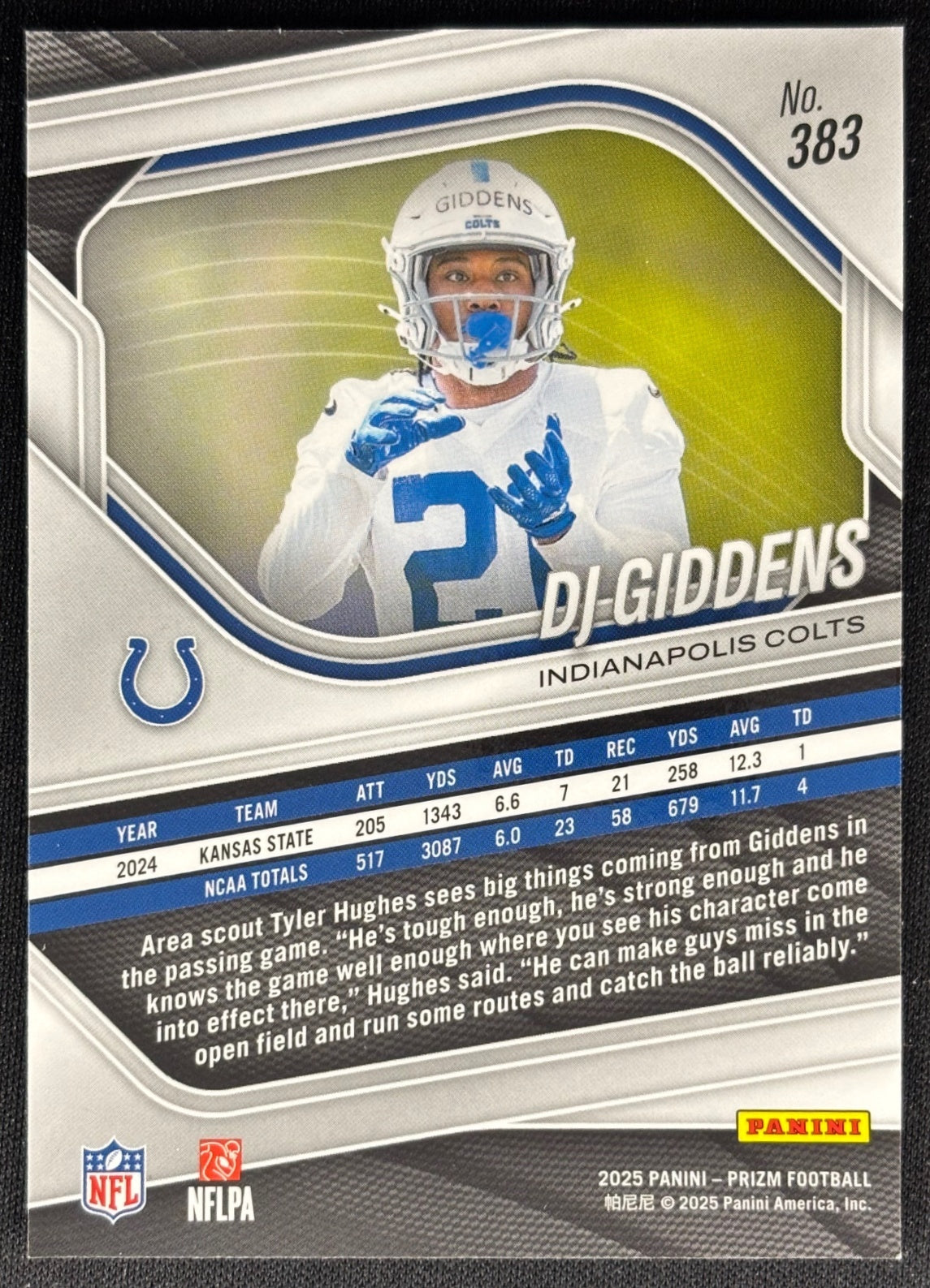 DJ Giddens 2025 Prizm Colts Sports Trading Card
