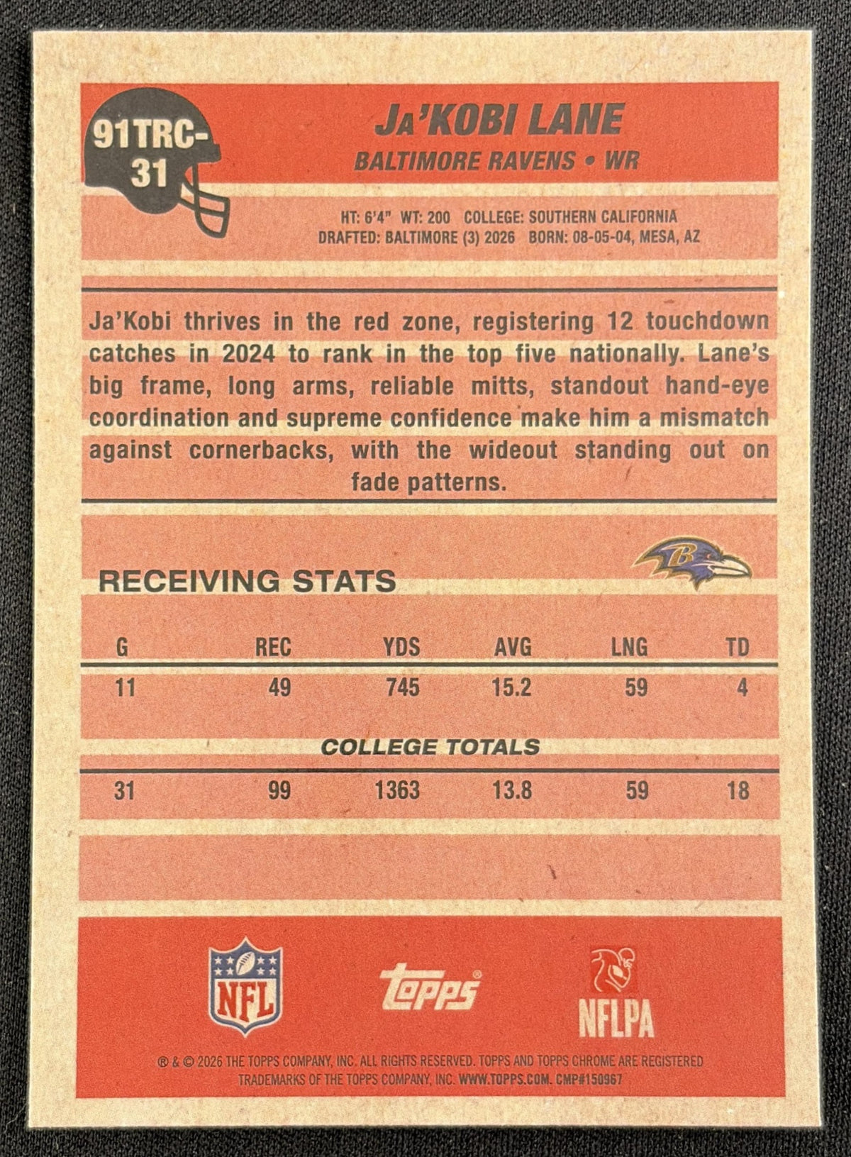 Ja'Kobi Lane 2026 Topps 1991 Chrome Rookie Mojo Refractor Ravens back