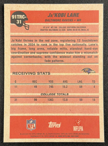 Ja'Kobi Lane 2026 Topps 1991 Chrome Rookie Mojo Refractor Ravens back