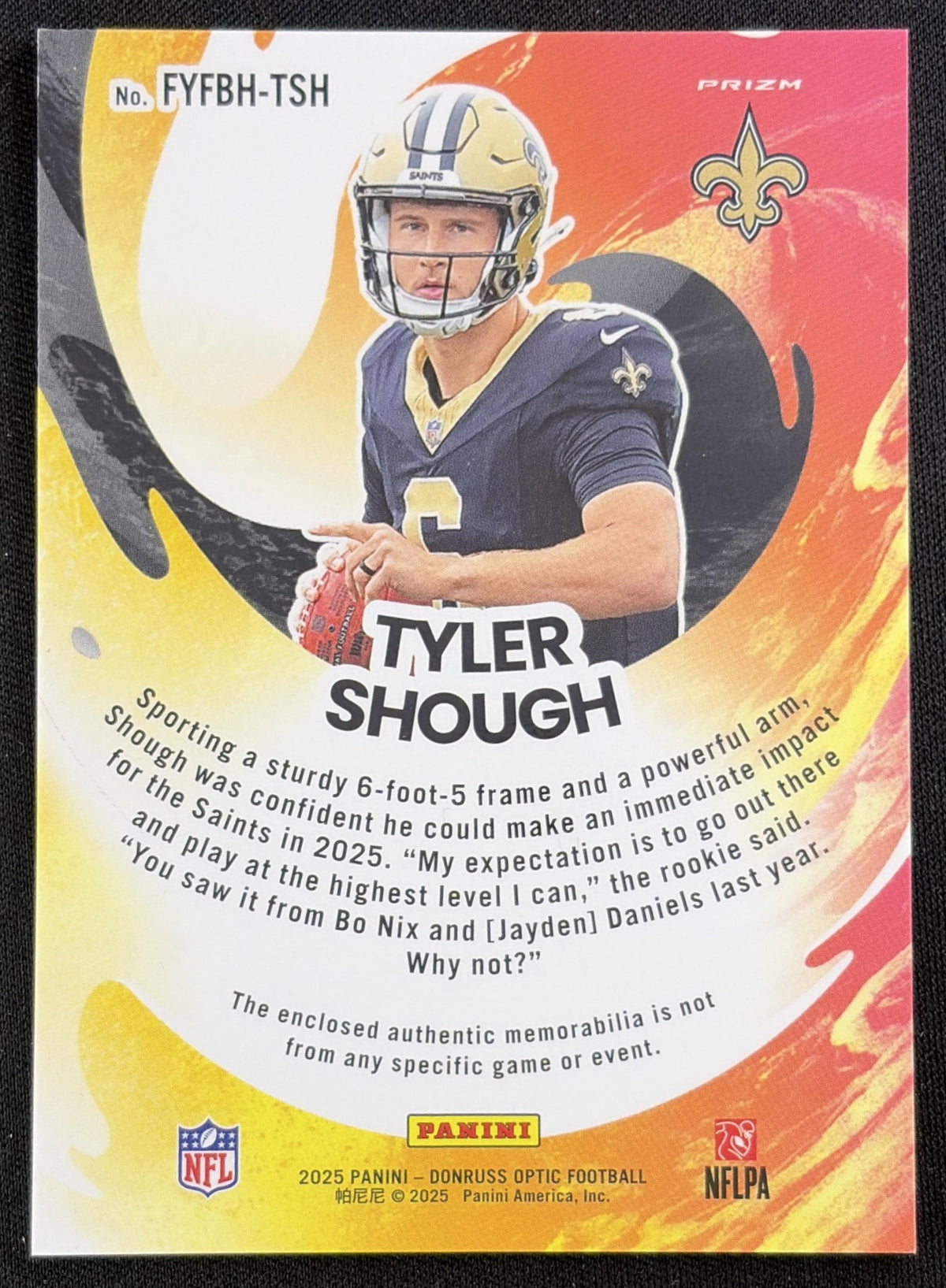 Tyler Shough 2025 Panini Donruss Optic First Year Fresh Blue Hyper Prizm Saints
