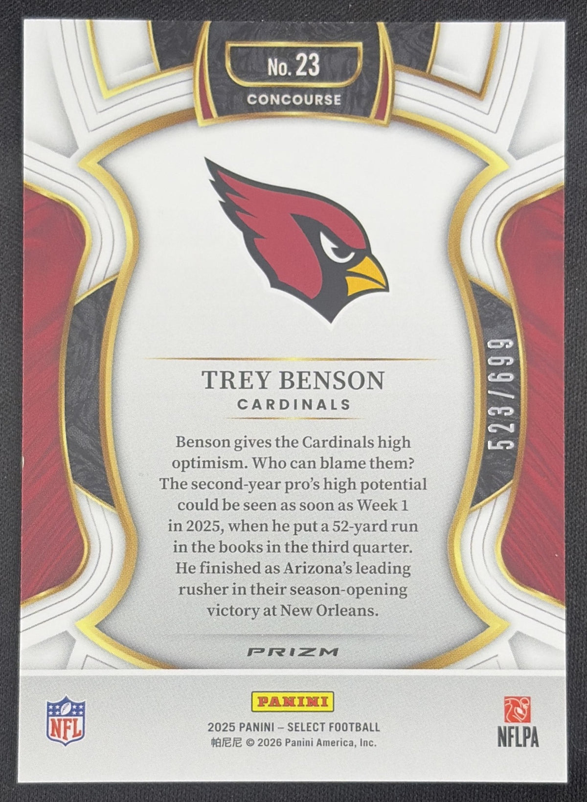 Trey Benson 2025 Panini Select Concourse Neon Green Prizm Shock /699 Cardinals Sports Trading Card