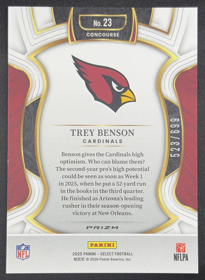 Trey Benson 2025 Panini Select Concourse Neon Green Prizm Shock /699 Cardinals Sports Trading Card
