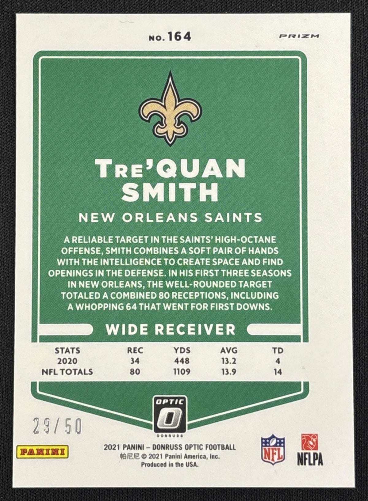 Tre Quan Smith 2021 Panini Donruss Optic Purple /50 Saints Sports Trading Card