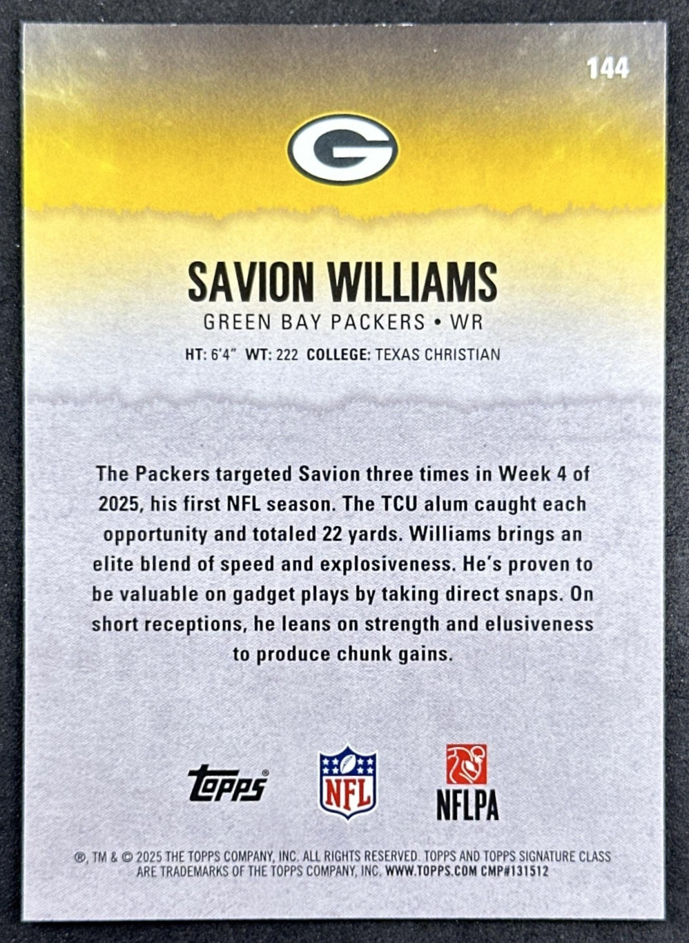 Savion Williams 2025 Topps Signature Class Rookie Packers