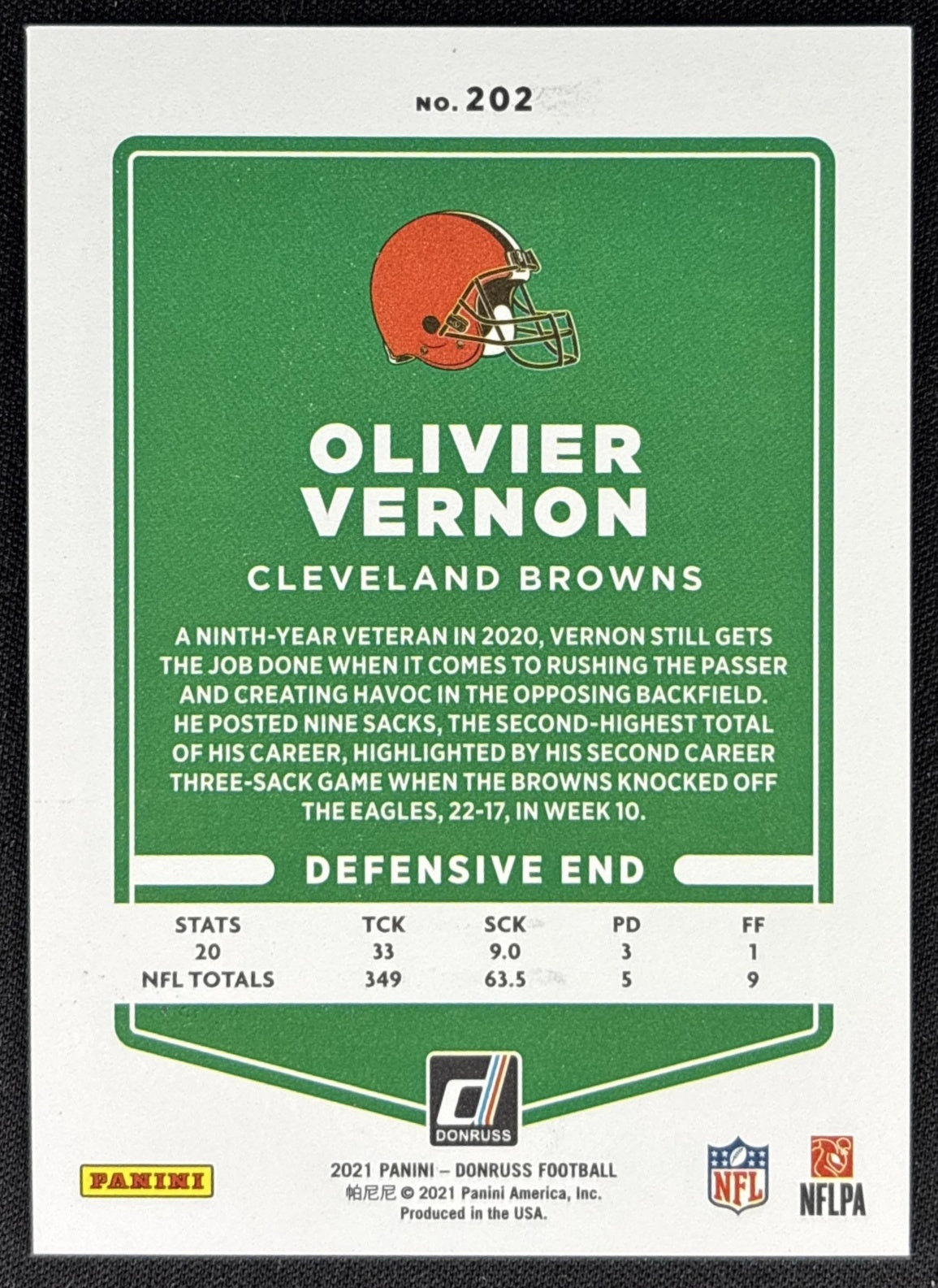 Olivier Vernon 2021 Panini Donruss Press Proof Premium Browns Sports Trading Card