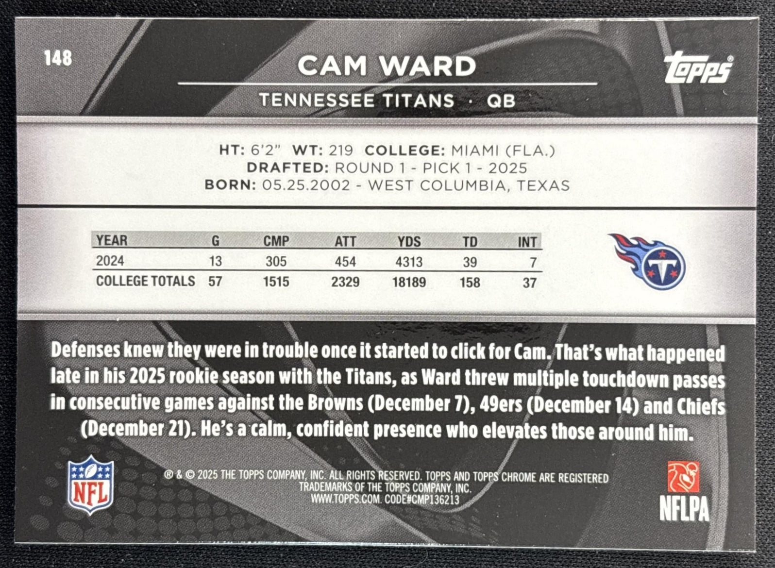 Cam Ward 2025 Topps Chrome Black Rookie Titans Back