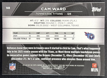 Cam Ward 2025 Topps Chrome Black Rookie Titans Back