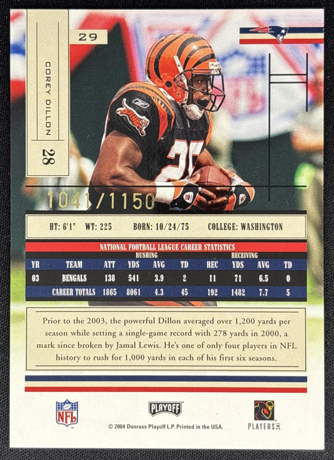 Corey Dillon 2004 Playoff Absolute Memorabilia /1150 Patriots back