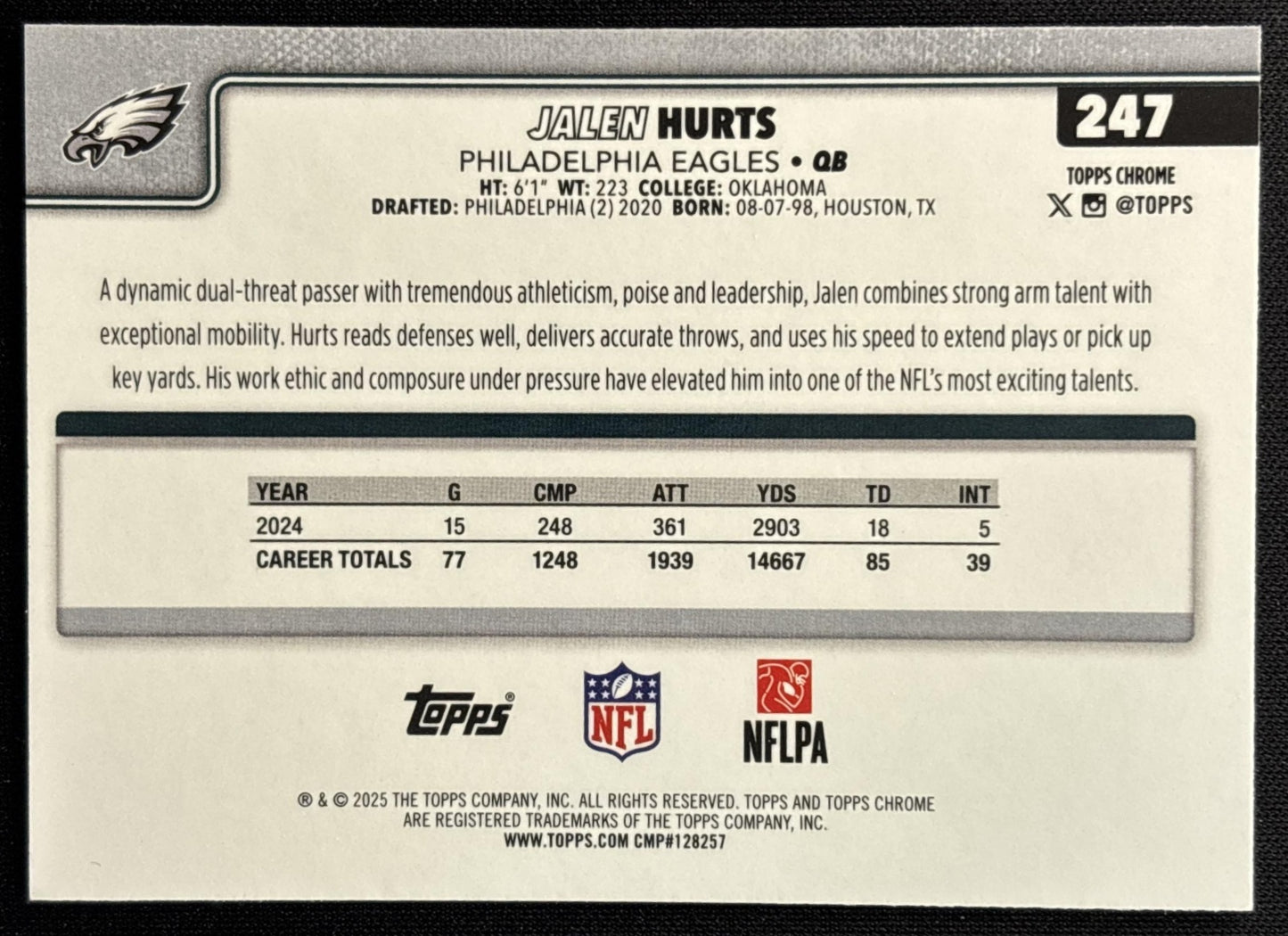 Jalen Hurts 2025 Topps Chrome Neon Pulse Refractor Eagles - Philadelphia Eagles