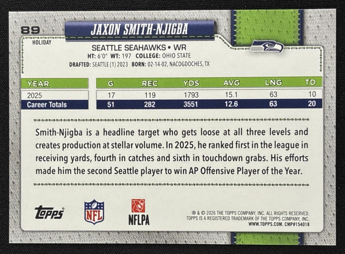 Jaxon Smith-Njigba 2026 Topps Holiday Blue Metallic Glitter Seahawks