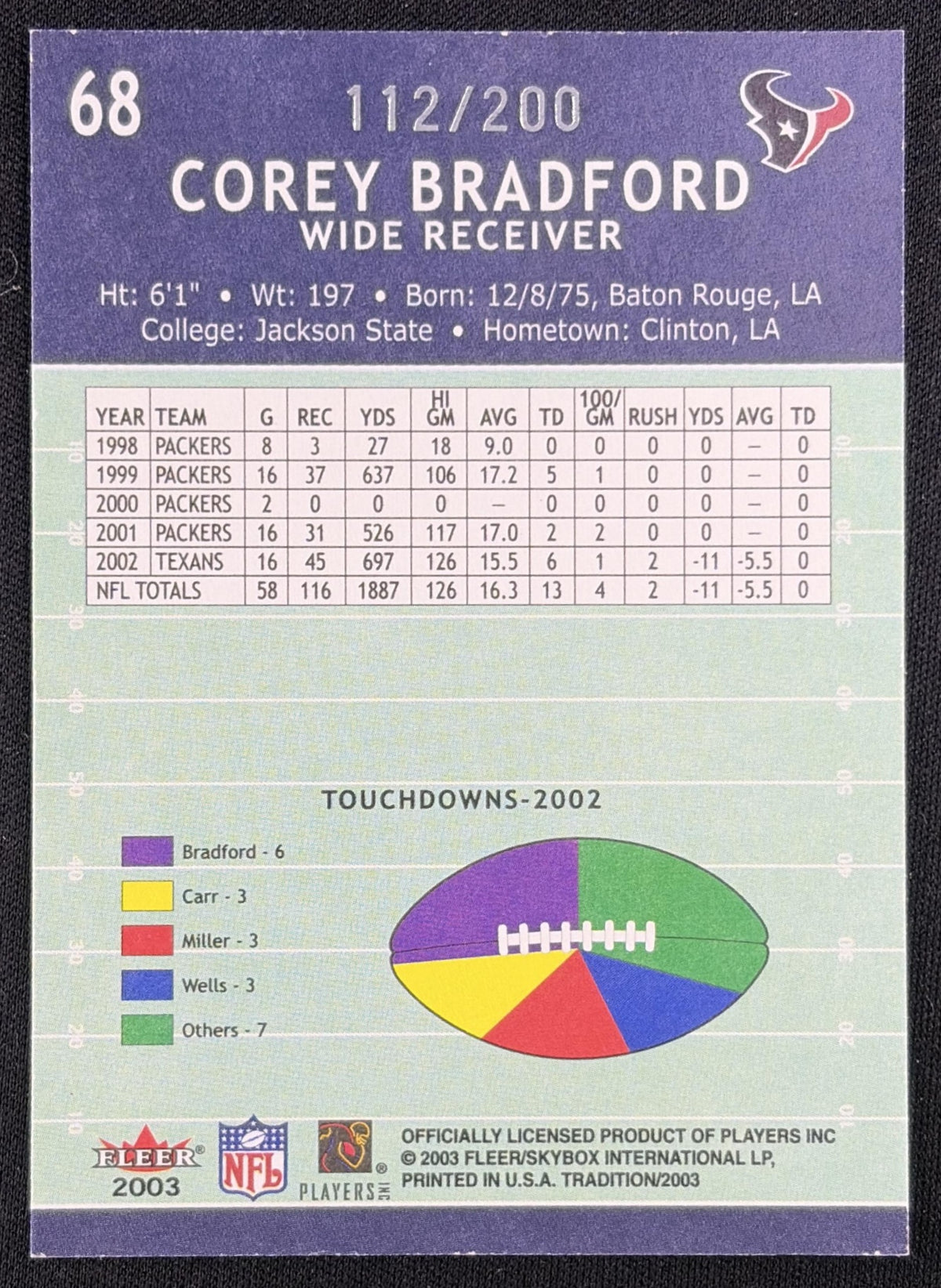 Corey Bradford 2003 Fleer Tradition Tiffany /200 Texans