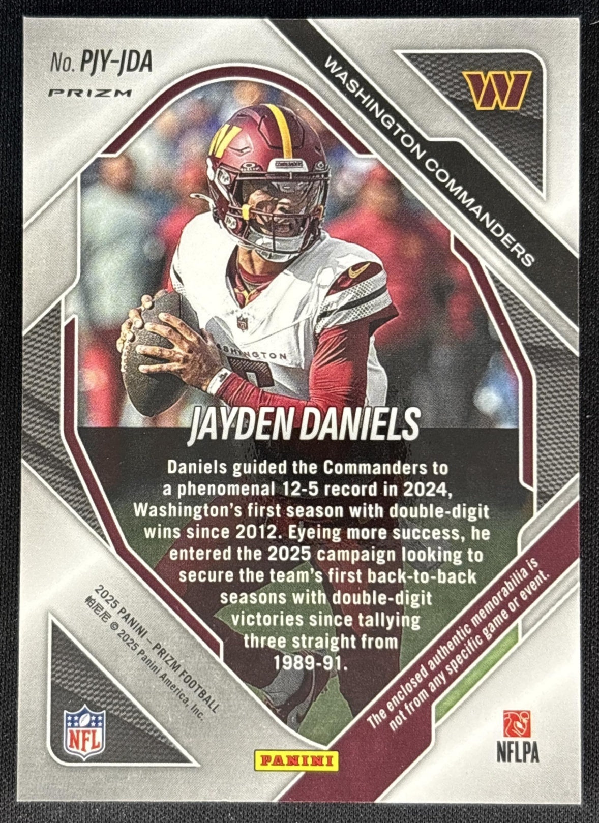 Jayden Daniels 2025 Panini Prizm Premier Jerseys Neon Green Pulsar Commanders back