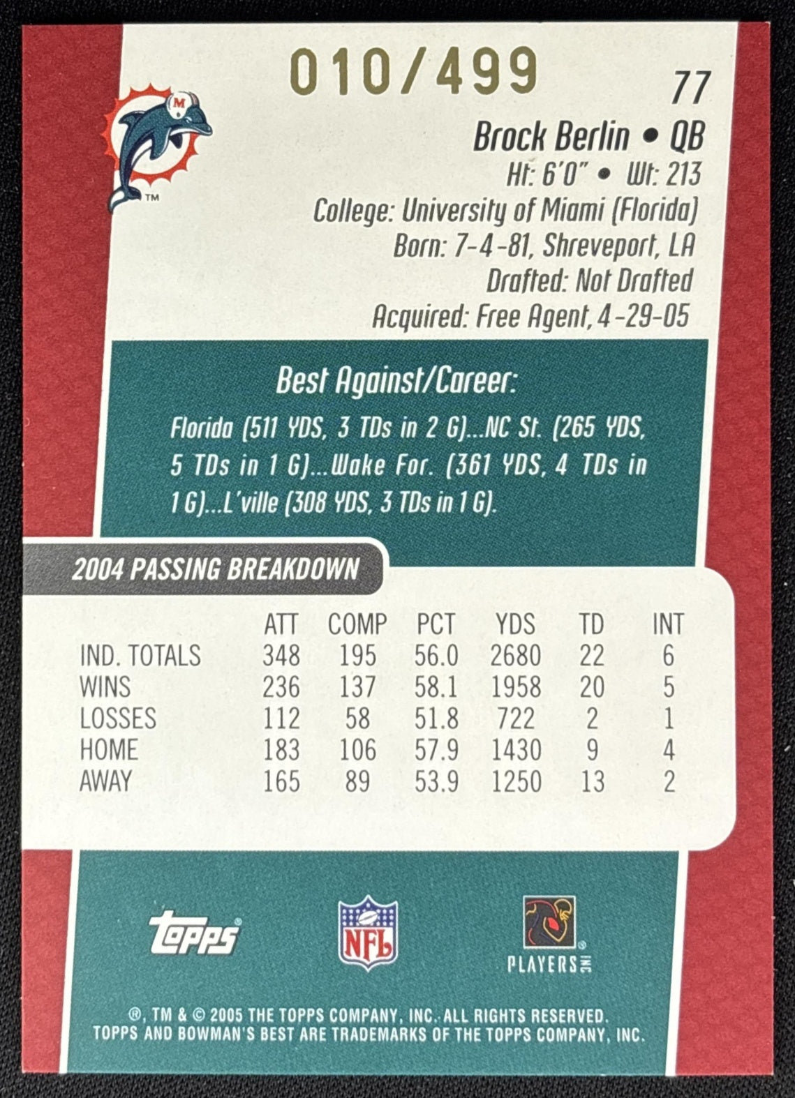 Brock Berlin 2005 Bowman's Best Red /499 Dolphins Sports Trading Card