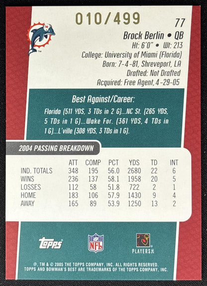 Brock Berlin 2005 Bowman's Best Red /499 Dolphins Sports Trading Card