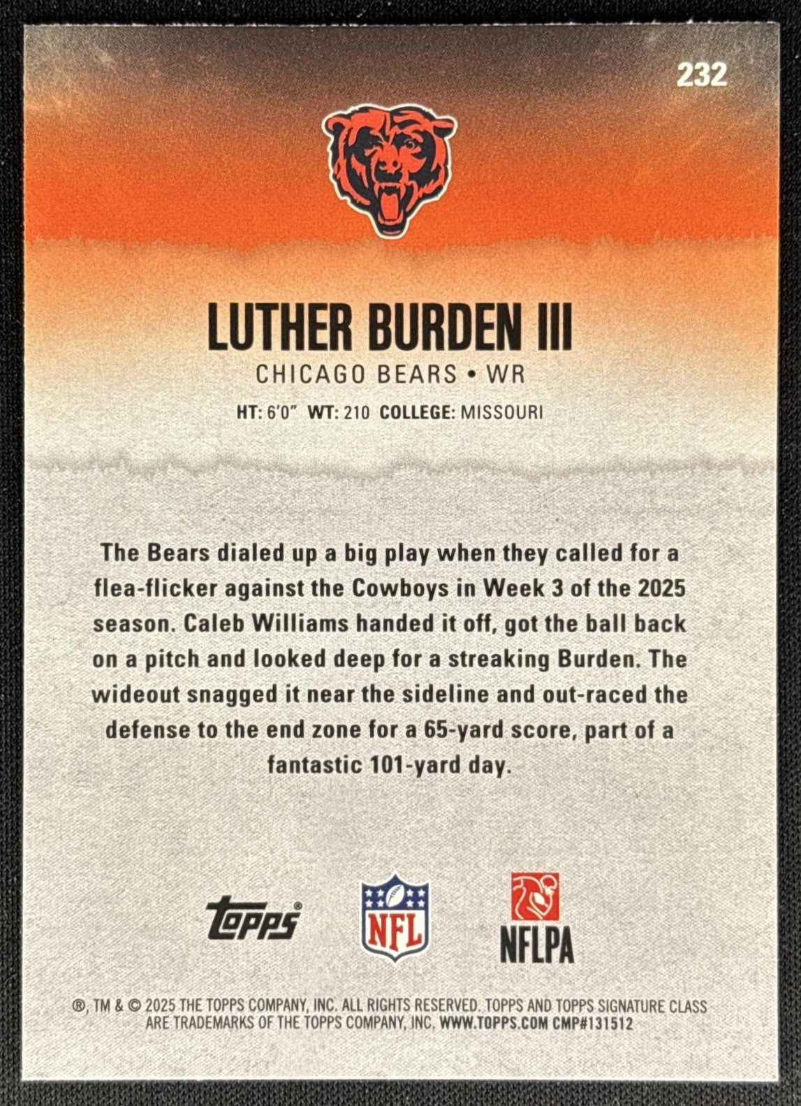 Luther Burden III 2025 Topps Signature Class Rookie Blue & Yellow Foil Bears Sports Trading Cards