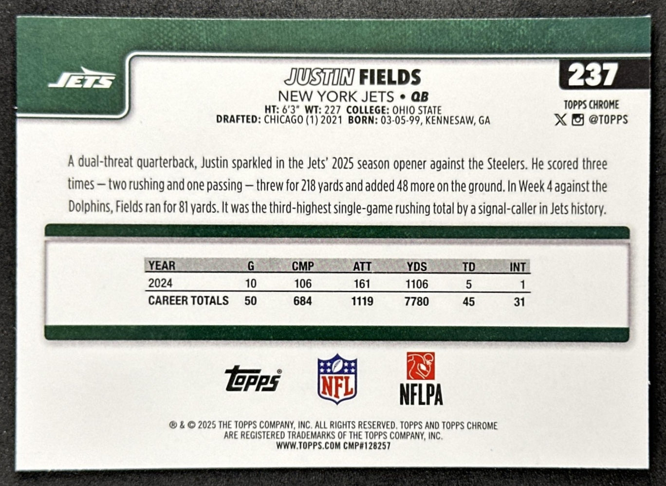 Justin Fields 2025 Topps Chrome Sapphire Jets back